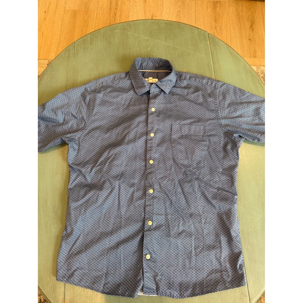 Peter Millar Men Blue Gala Geometric Diamond Print Cotton SS Button Down Shirt M
